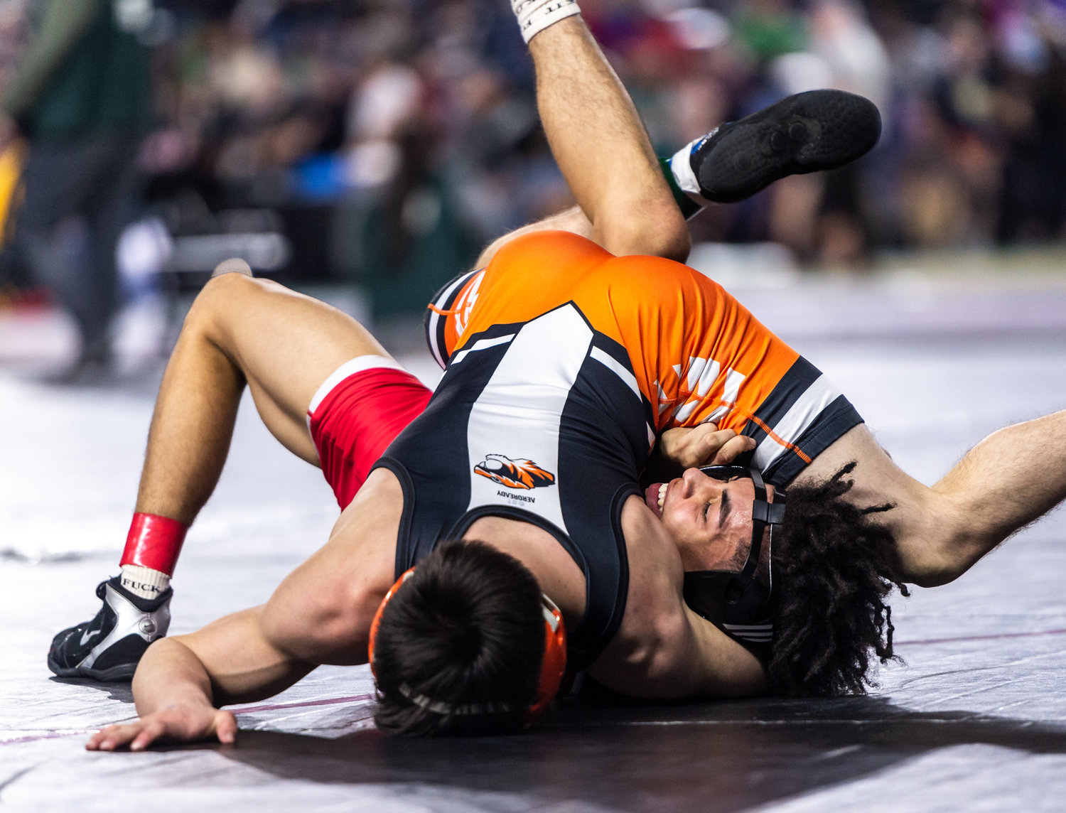 Centralia’s Jesus Campos, 120 pounds, pins Prosser’s Abel Acosta in the quarterfinals at Mat Classic XXXIV on Friday, February 17, 2023, at the Tacoma Dome. (Joshua Hart/For The Chronicle)